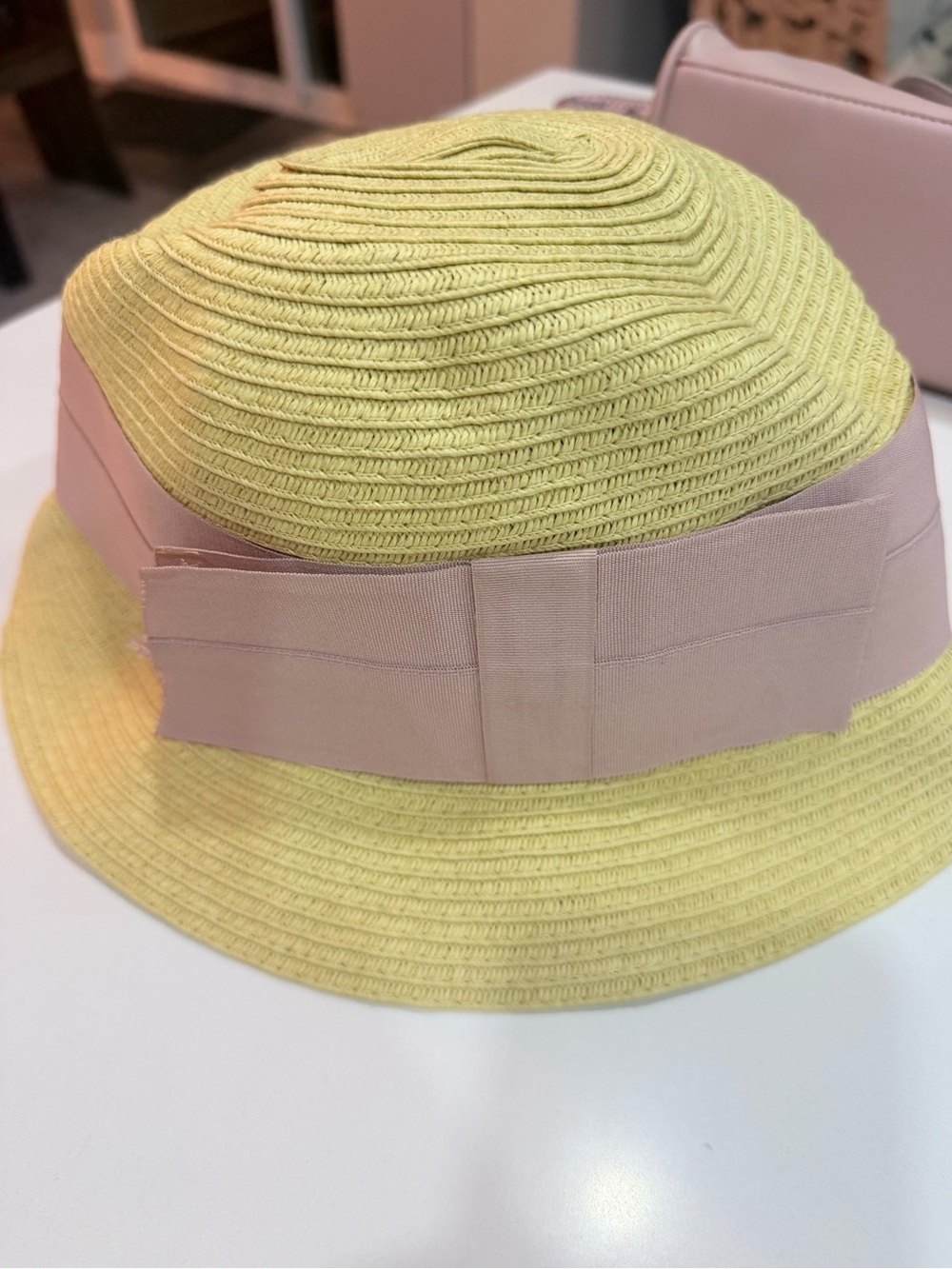 Wide-Brim Straw Bucket Hat with Pink Ribbon - Yellow